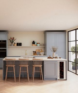 blue gray kitfchen with pale blond wood floor, barstools, cream walls, island with white countertops, open shelving, wine fridge, crittall doors to outside