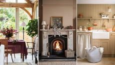 Three pictures - a dining table with a purple cloth and wooden beams around it, a marble fireplace with a bow in the middle of it, and a kitchen with beige paneling and cupboards