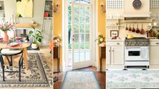 Three pictures showcasing butter yellow - a dining room with sage green walls, a wooden table, and a yellow art print, an entryway with a white door and a blue rug, and a light yellow kitchen with a white oven