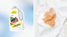 Shout stain remover on left, shirt with coffee stain on right