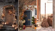 Three pictures of fall doorstep ideas - one with a dark wooden door and candles and lanterns around it, one with a dark blue door with trees and pumpkins around it, and one of a small broom on gravel