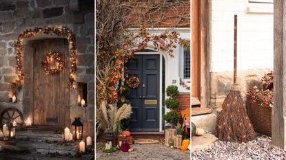 Three pictures of fall doorstep ideas - one with a dark wooden door and candles and lanterns around it, one with a dark blue door with trees and pumpkins around it, and one of a small broom on gravel