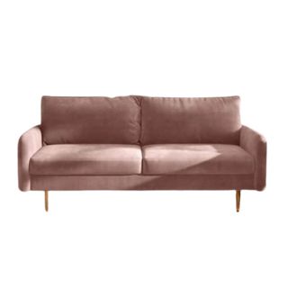 A dusky pink two-seater couch with wooden legs