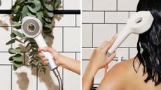 White shower head in bathroom with white tile and eucalyptus