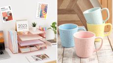 Image of desktop on left, image of pastel mugs on right